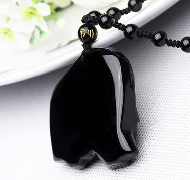Natural Black Obsidian Carved Mother Elephant Necklace
